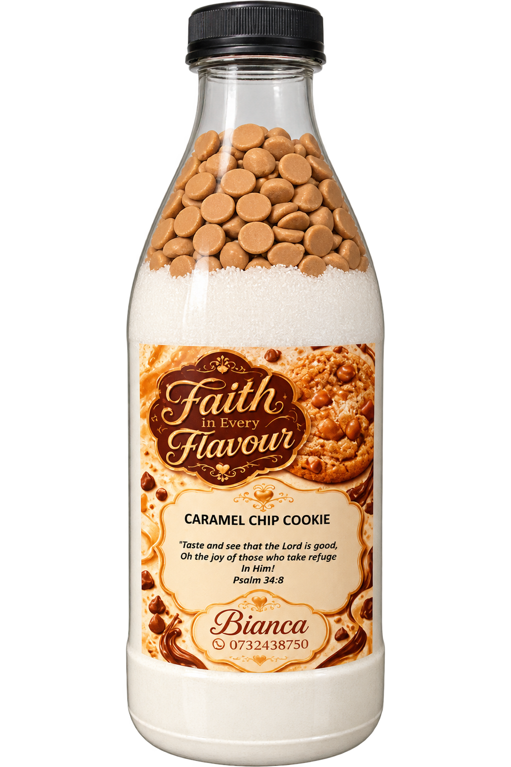 Caramel Chip Cookie layered dry mix bottle