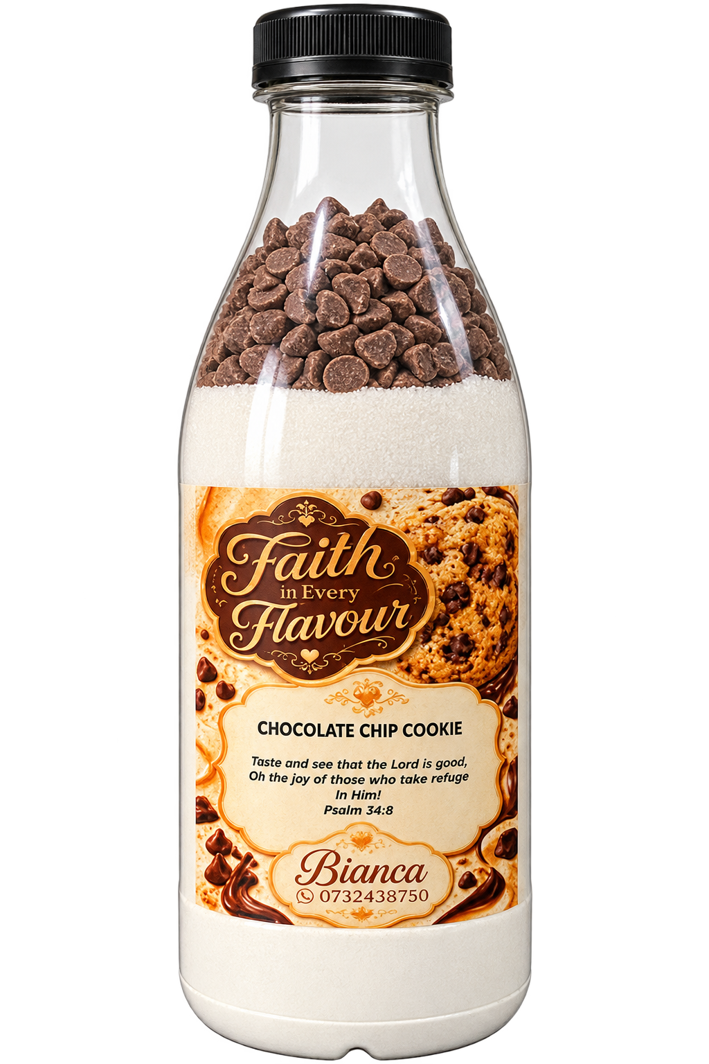 Chocolate Chip Cookie layered dry mix bottle
