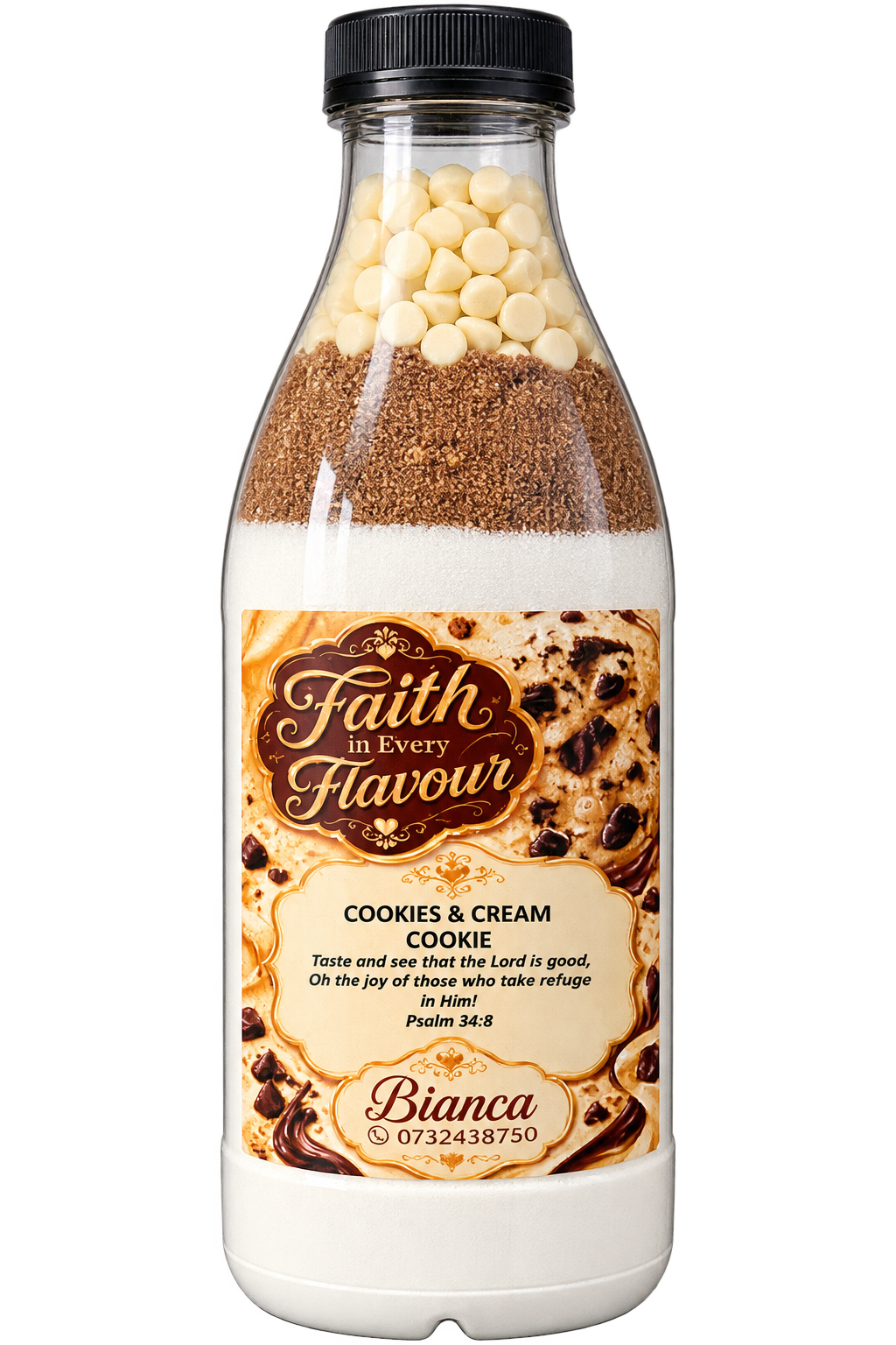 Cookies & Cream Cookie layered dry mix bottle