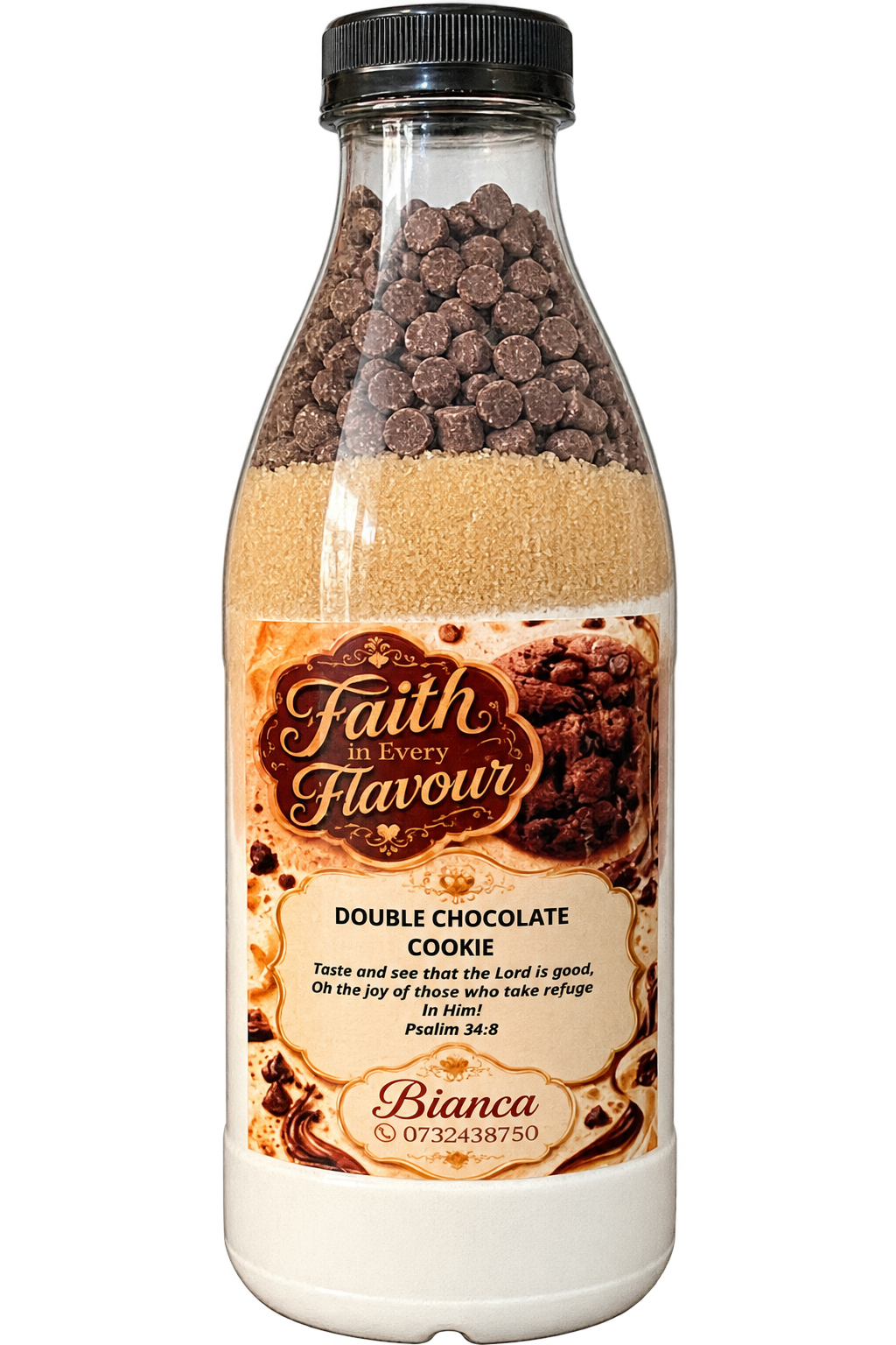 Double Chocolate Cookie layered dry mix bottle