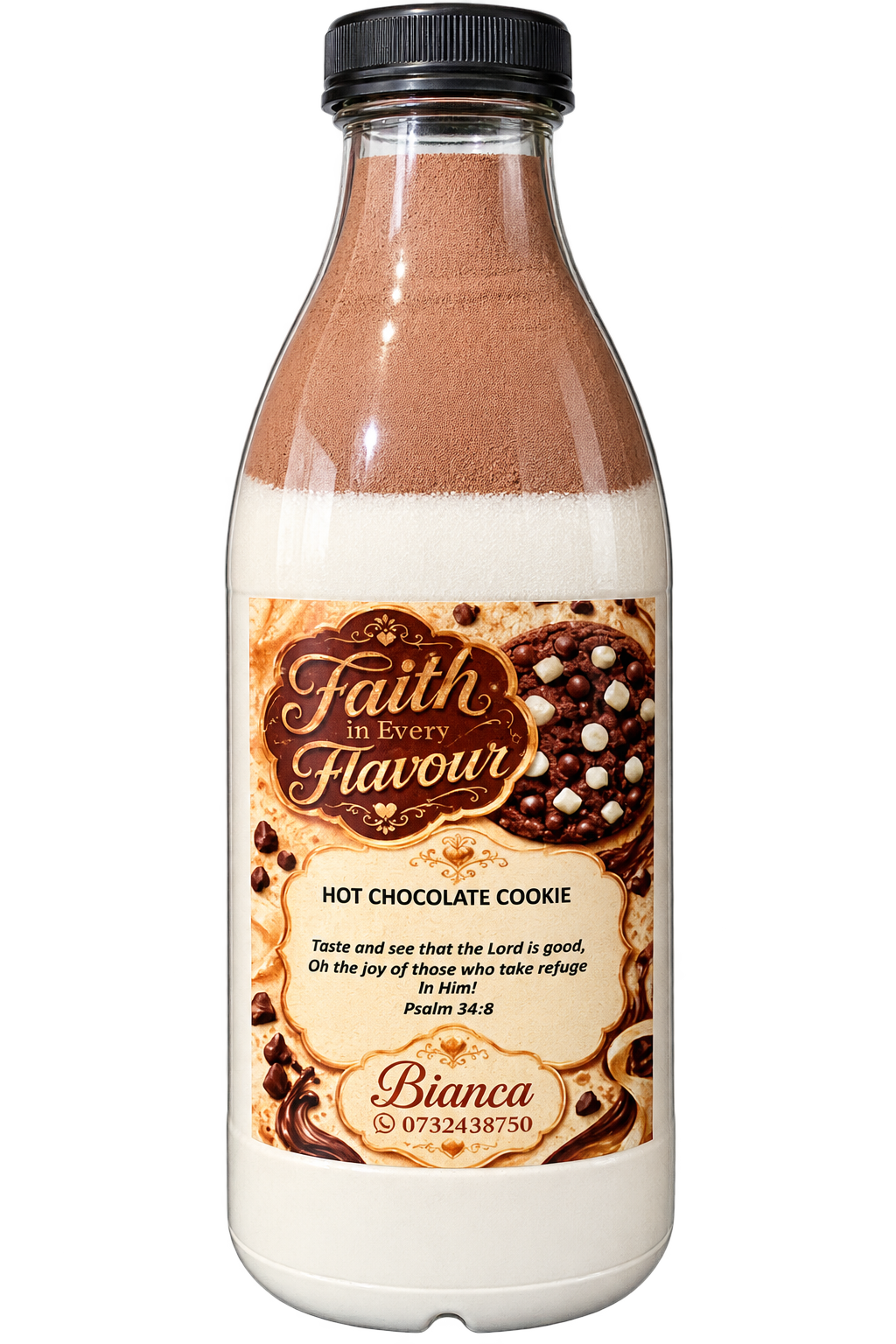 Hot Chocolate Cookie layered dry mix bottle