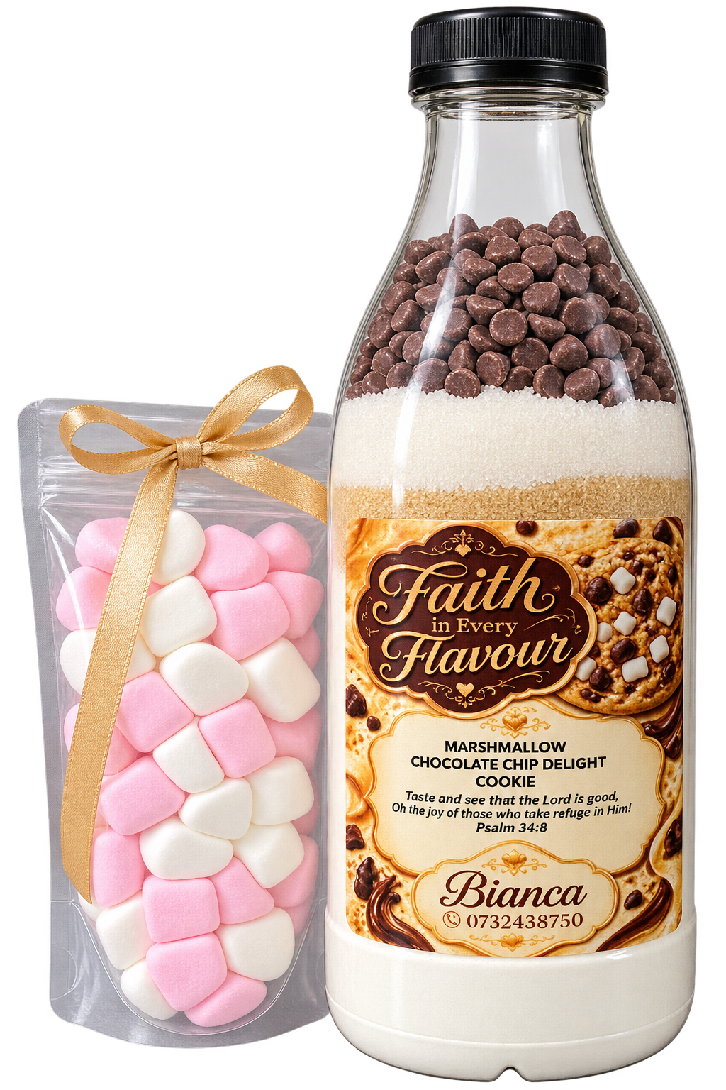 Marshmallow Chocolate Chip Cookie layered dry mix bottle
