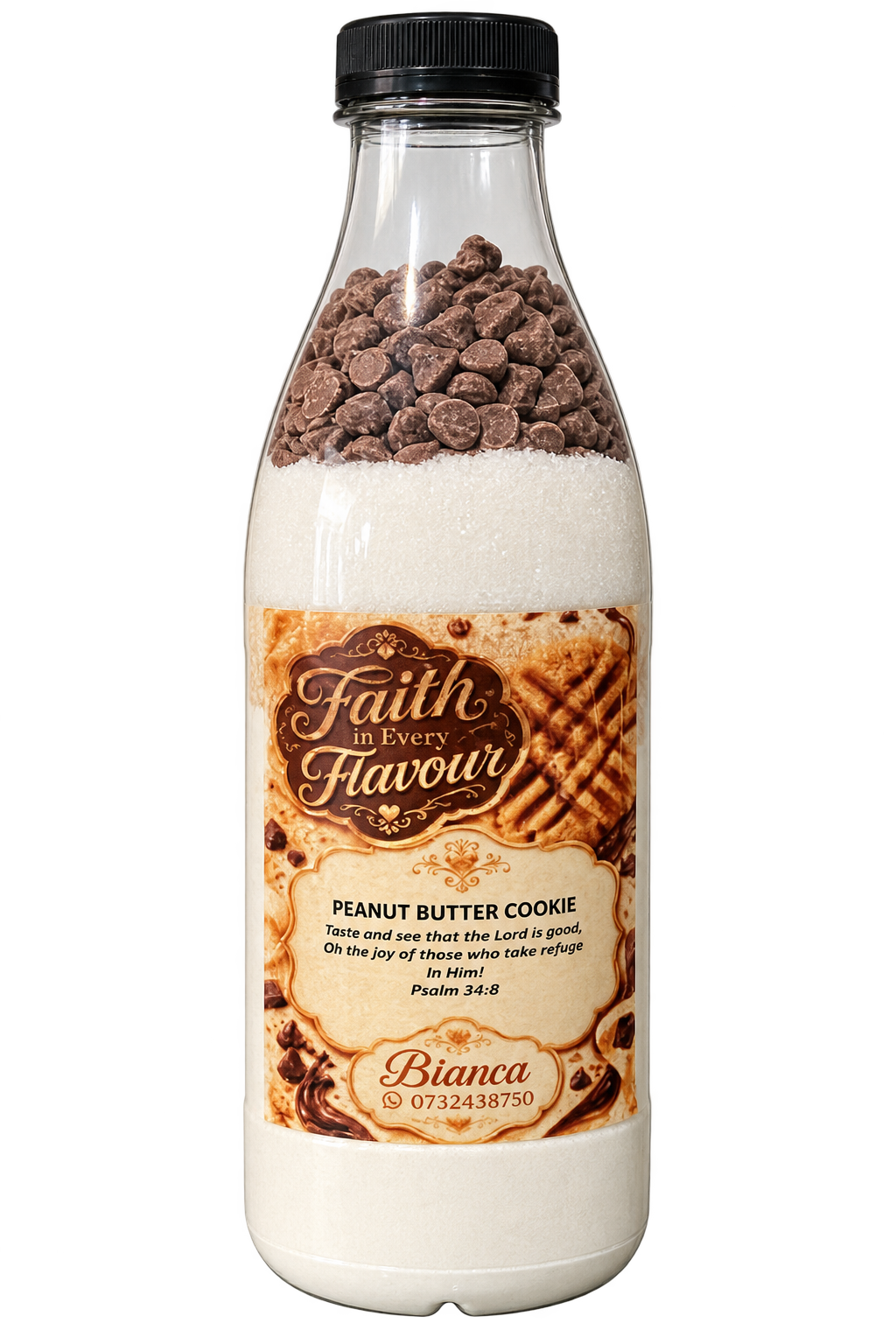 Peanut Butter Chocolate Chip Cookie layered dry mix bottle