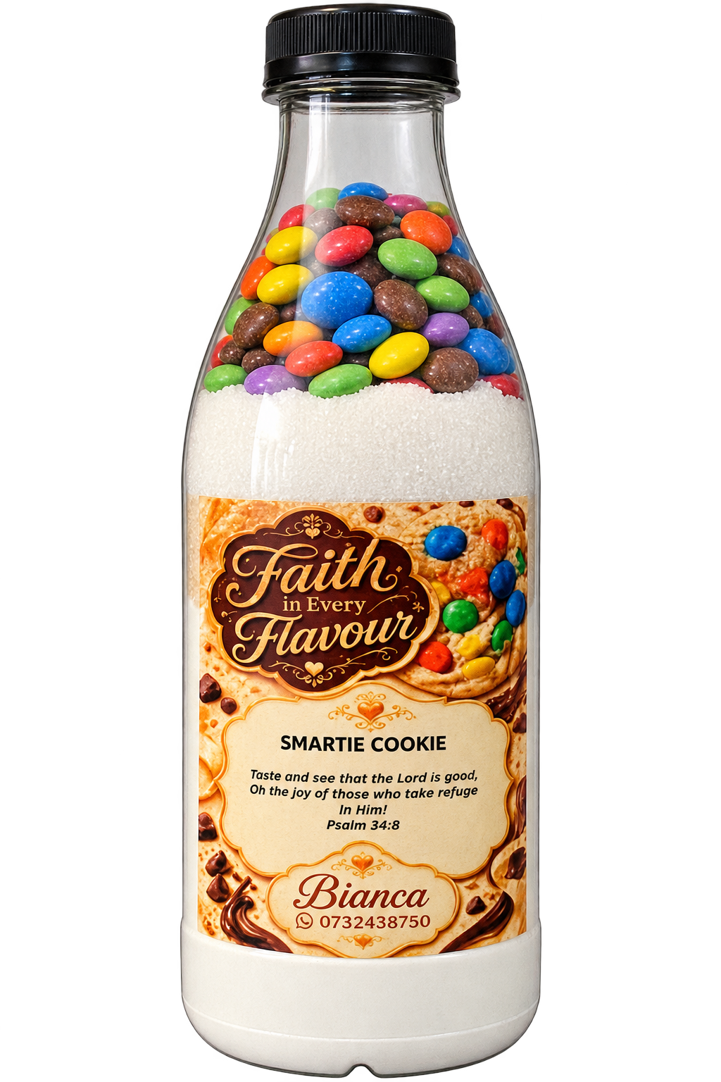 Smartie Cookie layered dry mix bottle