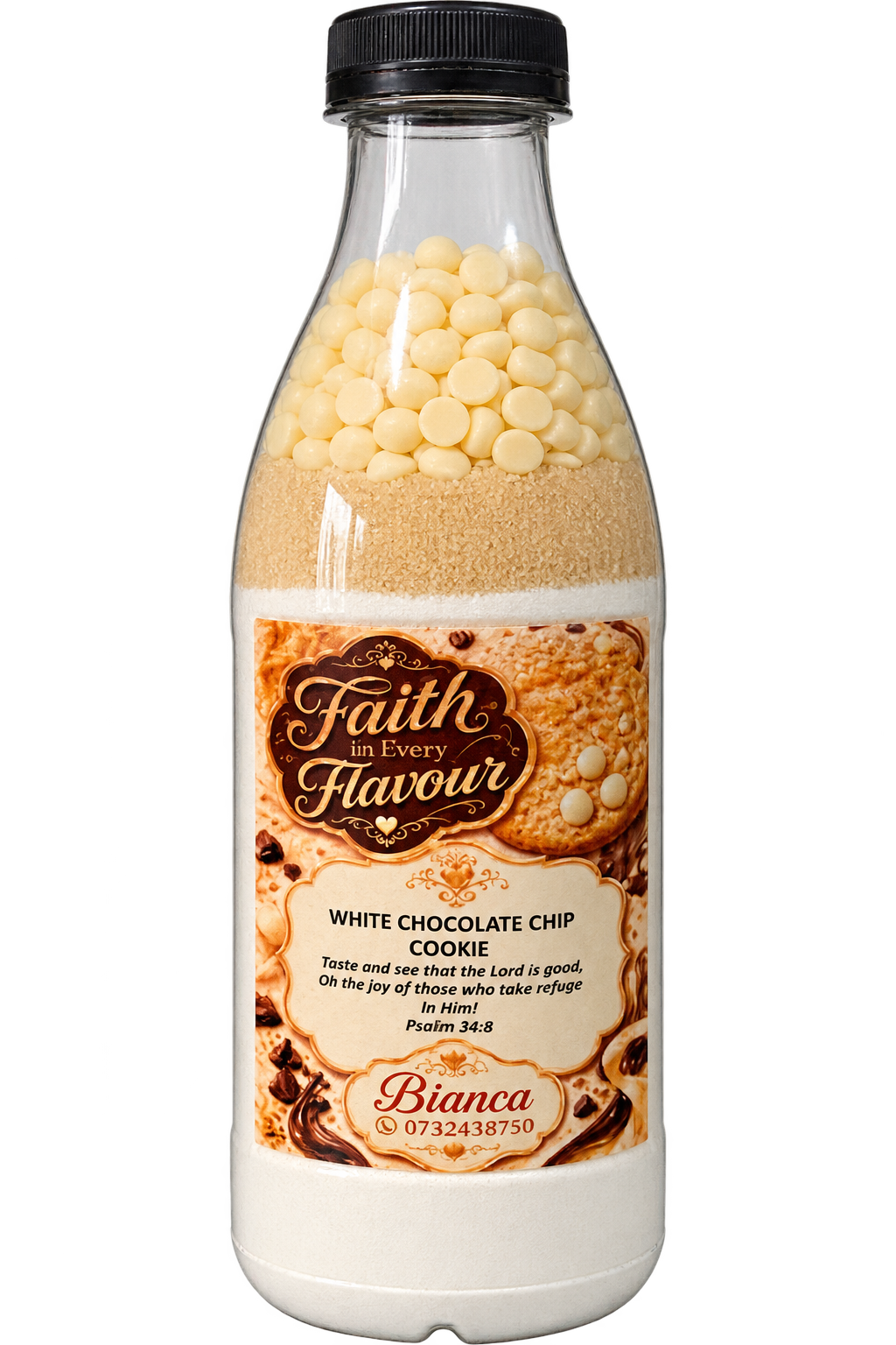 White Chocolate Cookie layered dry mix bottle